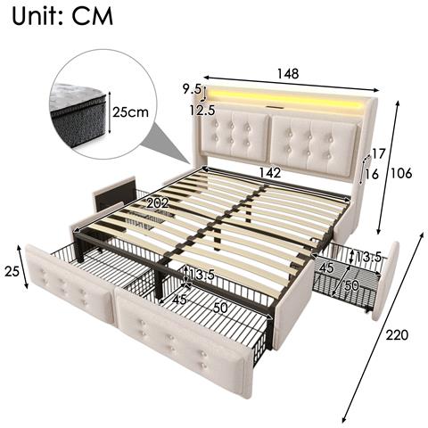 Letto Imbottito Con Design Elegante E Testiera A Bottoni In Cotone-lino Beige - Foto 3