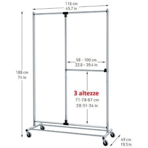 Marvel - Robusto Stand Appendiabiti da Terra, Barra Estensibile in Larghezza, Finitura in Acciaio Cromato Lucida, 116 x 49 x 188 cm - Foto 2