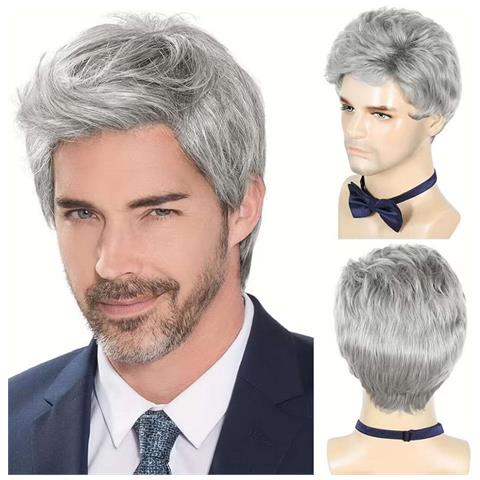 Parrucca Uomo Compatibile Con Stile Corto A Spazzola, Fibra Resistente Al Calore, Colore Argento, Leggera E Traspirante Model 4 - Foto 1