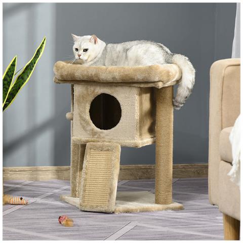 Albero per Gatti in Peluche con Casetta per Gatti e Lettino, Tiragraffi in Juta e Pallina, Marrone - Foto 2