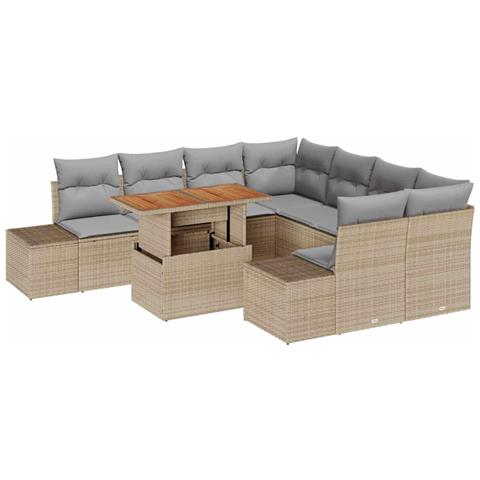 Set da Pranzo da Giardino di 9 Pezzi con Cuscini Beige in Rattan Polyrattan e Acacia - Foto 1
