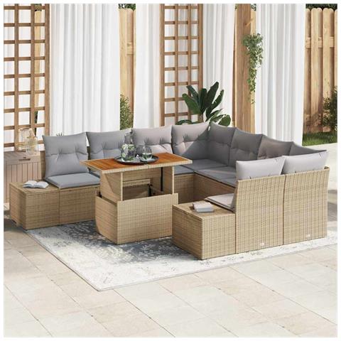 Set da Pranzo da Giardino di 9 Pezzi con Cuscini Beige in Rattan Polyrattan e Acacia - Foto 2