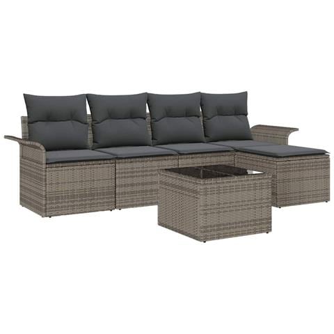 Set Divani Giardino  5 Pezzi con Cuscini Nero Polyrattan, Divano Giardino 2 Posti  con Storage & Cuscini Grigio Polyrattan - Foto 1