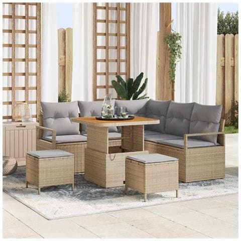Set Divano da Giardino 8 Pezzi con Cuscini Beige Rattan Acacia,  Divano da Giardino a 2 Posti con Cuscini Beige Rattan,  Set da Pranzo da Giardino 3 Pezzi con Cuscini Beige Rattan Acacia - Foto 2