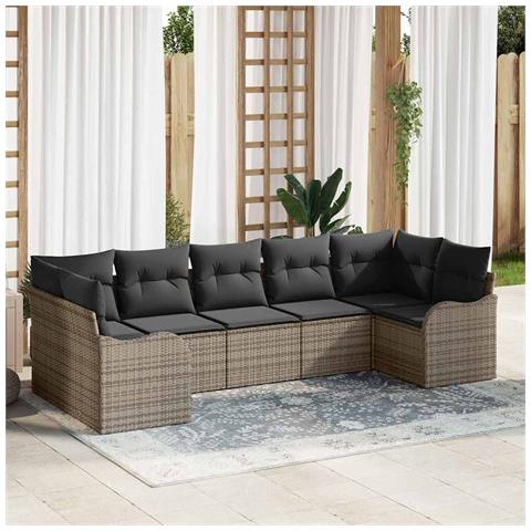 Set Divano Giardino 7 Pezzi Cuscini Grigio Polirattan, Divano Giardino 2 Posti Cuscini Grigio Polirattan - Foto 2