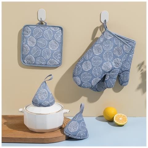Set Da Cucina Anti-scottatura 5 Pezzi: Guanti, Presine E Copri-manico In Cotone Blue - Foto 2