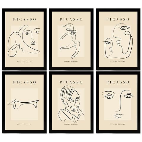 Set Di 6 Stampe Künstlerischen Illustrationen Von Pablo Picasso Starren Sammlung Von Dekorationsgemälden Im Kunstgalerie Stil A3 Cornice Nera - Foto 1