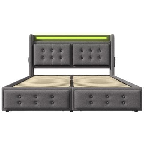 Letto Imbottito Con Testiera A Bottoni E 4 Cassetti In Cotone-lino Grigio - Foto 3