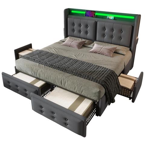 Letto Imbottito Con Testiera A Bottoni E 4 Cassetti In Cotone-lino Grigio - Foto 1