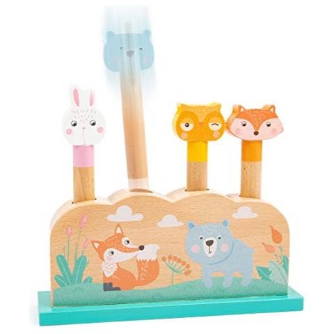 -11474 Divertenti Salterini In Legno, 4 Simpatici Animali Da Spingere Verso Il Basso Per Farli Poi Saltare Giocattoli, Multicolore, 11474 - Foto 2