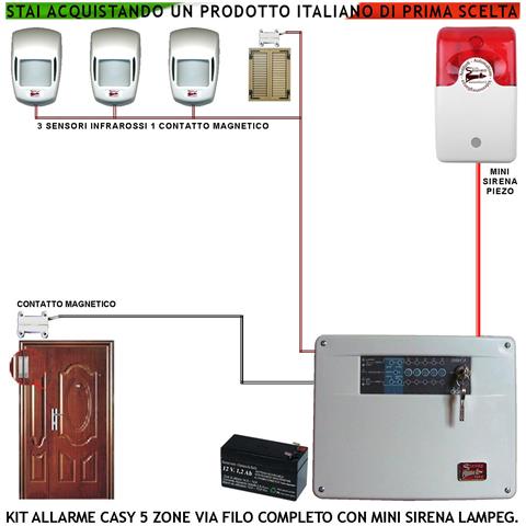 Antifurto Kit Impianto Casy Centrale A 5 Zone 2 Contatti Magnetici Per Infissi Non Ferrosi 3 Sensori Di Movimento Infr - Foto 1