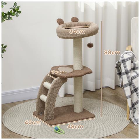 Albero Tiragraffi a 3 Livelli con Trespolo Superiore e Pallina Giocattolo, 48x40x88 cm, Bianco e Marrone - Foto 6