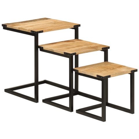 Tavolini A Incastro 3 Pz In Legno Massello Di Mango E Ferro - Foto 2