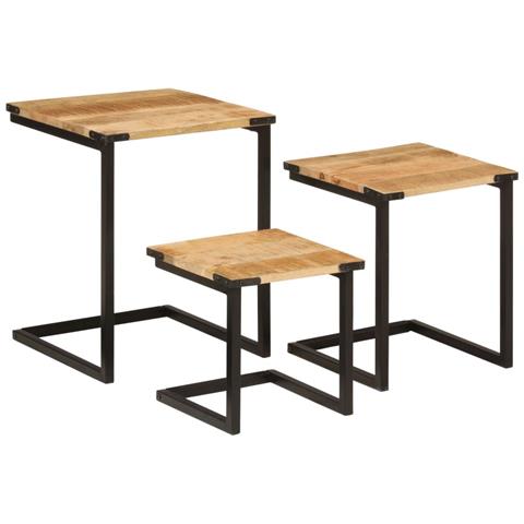 Tavolini A Incastro 3 Pz In Legno Massello Di Mango E Ferro - Foto 1