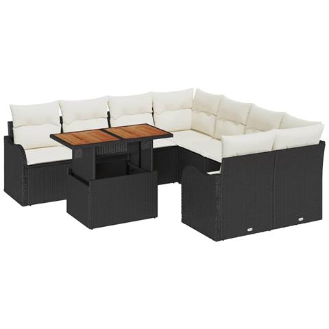 Set di Divani da Giardino da 9 pezzi con cuscini in Rattan Polyrattan Nero, Divano da Giardino per 2 Persone con Ripostiglio e Cuscini in Rattan Polyrattan Nero - Foto 1