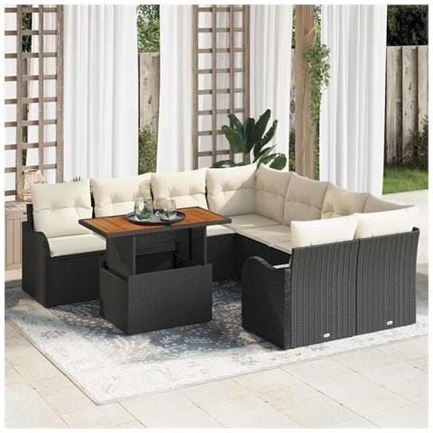 Set di Divani da Giardino da 9 pezzi con cuscini in Rattan Polyrattan Nero, Divano da Giardino per 2 Persone con Ripostiglio e Cuscini in Rattan Polyrattan Nero - Foto 2