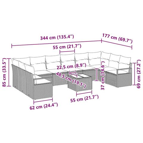Set di Divano da Giardino  10 Pezzi con Cuscini Grigi in Rattan, Divano da Giardino 2 Posti  con Cuscini Marroni in Rattan - Foto 9