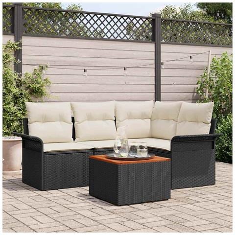 Set divani giardino 5 pezzi con cuscini polyrattan nero e acacia, Divano da giardino 2 posti con stivaggio e cuscini polyrattan nero - Foto 2