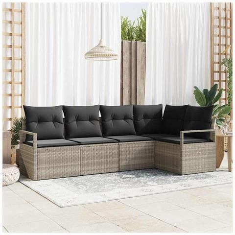 Set Divano da Giardino  da 5 Pezzi con Cuscini Grigio Chiaro Polyrattan, Divano da Giardino a 2 Posti  con Ripostiglio e Cuscini Grigio Polyrattan - Foto 2