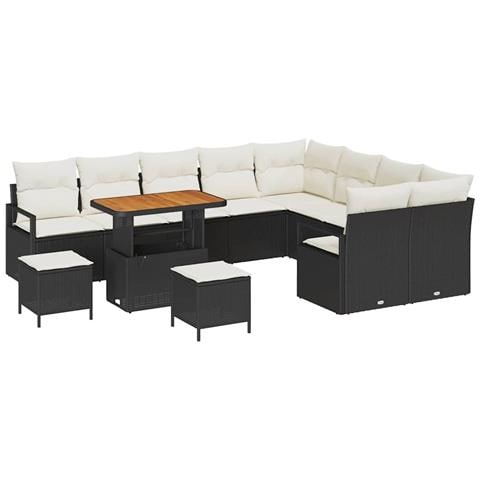 Set Divano da Giardino da 12 Pezzi con Cuscini in Polyrattan Nero e Acacia,  Set da Pranzo da Giardino da 3 Pezzi con Cuscini in Polyrattan Nero e Acacia,  Divano da Giardino per Due Persone con Cuscini in Polyrattan Nero - Foto 1