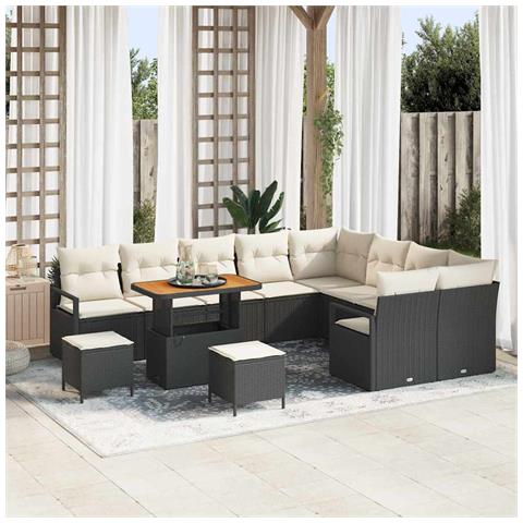 Set Divano da Giardino da 12 Pezzi con Cuscini in Polyrattan Nero e Acacia,  Set da Pranzo da Giardino da 3 Pezzi con Cuscini in Polyrattan Nero e Acacia,  Divano da Giardino per Due Persone con Cuscini in Polyrattan Nero - Foto 2