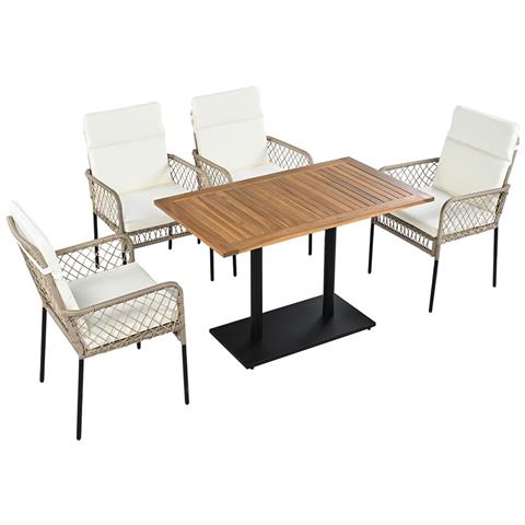 Set Tavolo Da Pranzo E Sedie Da 5 Pezzi, Per 4 Persone, Piano Del Tavolo In Legno Massello Di Acacia, Sedie Con Rivestimento In Rattan Pe - Foto 2