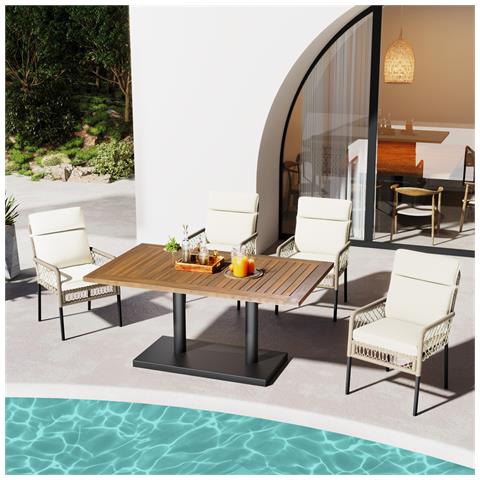 Set Tavolo Da Pranzo E Sedie Da 5 Pezzi, Per 4 Persone, Piano Del Tavolo In Legno Massello Di Acacia, Sedie Con Rivestimento In Rattan Pe - Foto 1