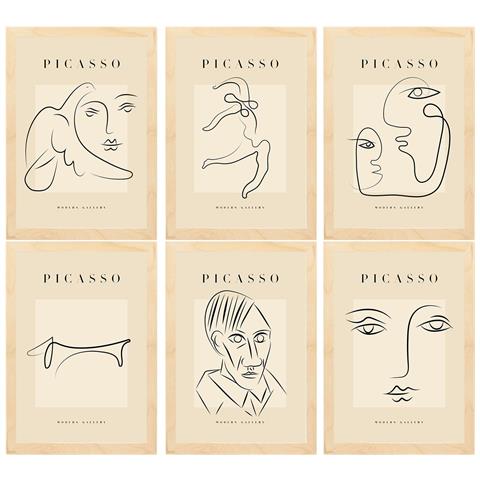 Set Di 6 Stampe Künstlerischen Illustrationen Von Pablo Picasso Starren Sammlung Von Dekorationsgemälden Im Kunstgalerie Rahmen Aus Hellem Holz A3 Telaio In Legno Chiaro - Foto 1