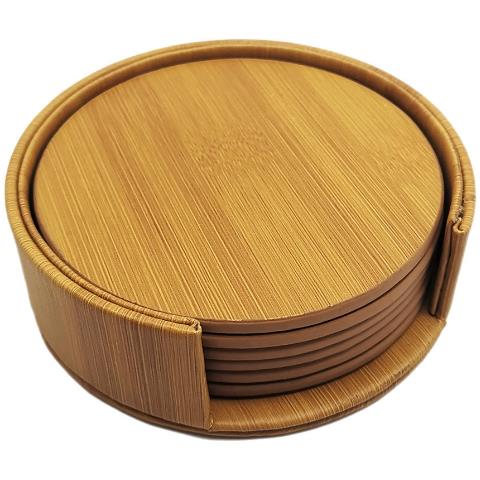 Sottobicchieri Rotondi In Pelle Pu Con Supporto, Confezione Da 6 Brown - Foto 1