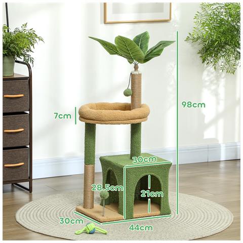 Albero Tiragraffi per Gatti con Casetta, Lettino e 2 Palline, in Legno e Poliestere, 44x30x98 cm, Verde e Marrone - Foto 2