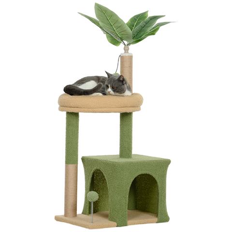 Albero Tiragraffi per Gatti con Casetta, Lettino e 2 Palline, in Legno e Poliestere, 44x30x98 cm, Verde e Marrone - Foto 1