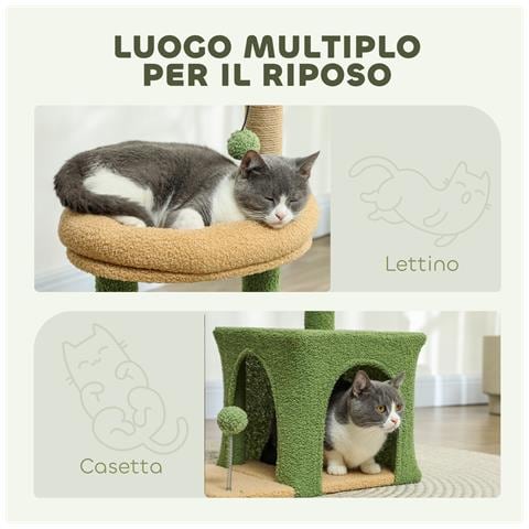 Albero Tiragraffi per Gatti con Casetta, Lettino e 2 Palline, in Legno e Poliestere, 44x30x98 cm, Verde e Marrone - Foto 6