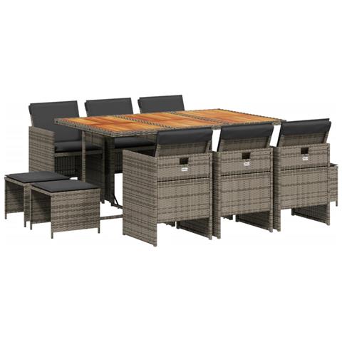 Set da Pranzo da Giardino 11pz con Cuscini in Polyrattan Grigio - Foto 1