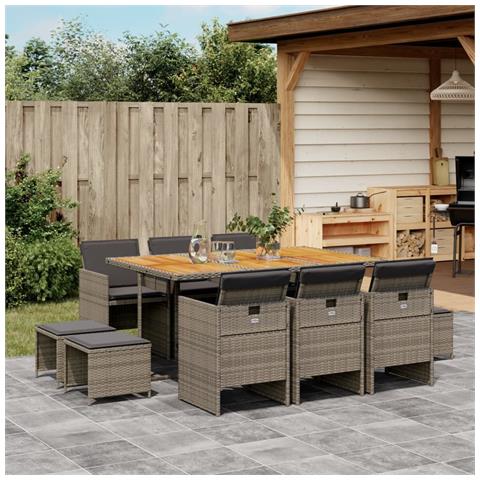 Set da Pranzo da Giardino 11pz con Cuscini in Polyrattan Grigio - Foto 2