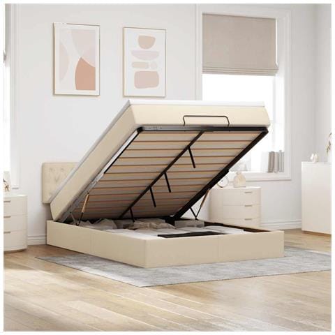 Pouf Letto con Materasso Crema 140x200 cm in Tessuto - Foto 2