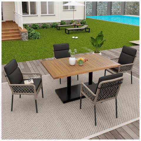 Set Tavolo Da Pranzo E Sedie Da 5 Pezzi, Per 4 Persone, Piano Del Tavolo In Legno Massello Di Acacia, Sedie Con Rivestimento In Rattan Pe - Foto 2