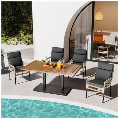 Set Tavolo Da Pranzo E Sedie Da 5 Pezzi, Per 4 Persone, Piano Del Tavolo In Legno Massello Di Acacia, Sedie Con Rivestimento In Rattan Pe - Foto 1