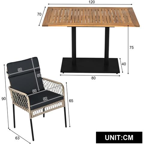 Set Tavolo Da Pranzo E Sedie Da 5 Pezzi, Per 4 Persone, Piano Del Tavolo In Legno Massello Di Acacia, Sedie Con Rivestimento In Rattan Pe - Foto 4