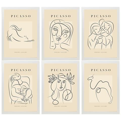 Set Di 6 Stampe Künstlerischen Illustrationen Von Pablo Picasso Weiblich Sammlung Von Dekorationsgemälden Im Kunstgalerie Stil Weißer Rahmen A3 Cornice Bianca - Foto 1