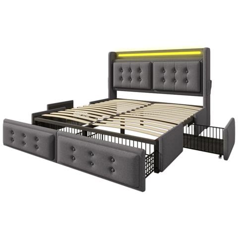 Letto Matrimoniale Con Testiera A Bottoni E 4 Cassetti In Cotone-lino Grigio - Foto 2