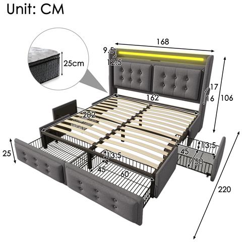 Letto Matrimoniale Con Testiera A Bottoni E 4 Cassetti In Cotone-lino Grigio - Foto 3