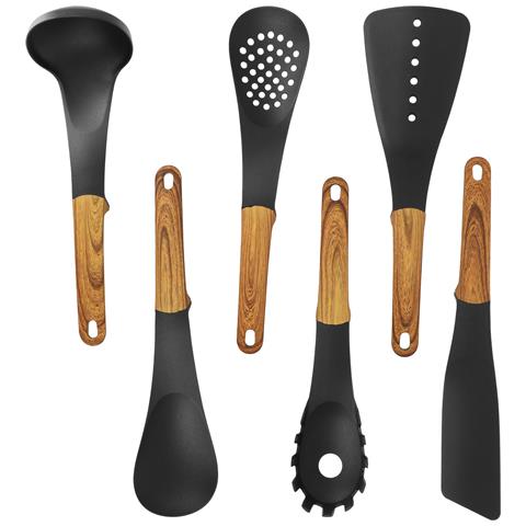 Set Utensili Da Cucina 6 Pezzi Manici Aspetto Legno E Supporto Rotante, Nero - Foto 1