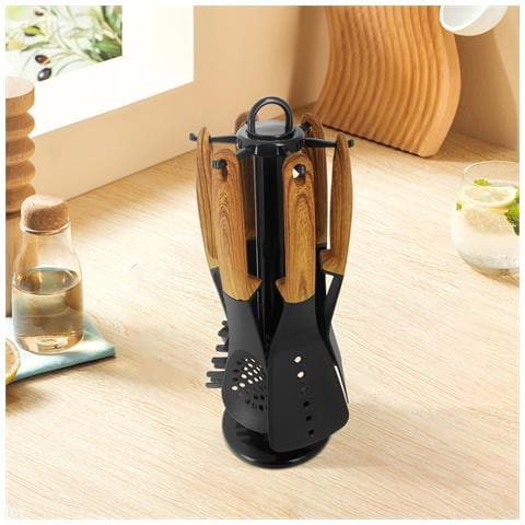 Set Utensili Da Cucina 6 Pezzi Manici Aspetto Legno E Supporto Rotante, Nero - Foto 2