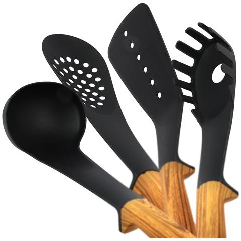 Set Utensili Da Cucina 6 Pezzi Manici Aspetto Legno E Supporto Rotante, Nero - Foto 5