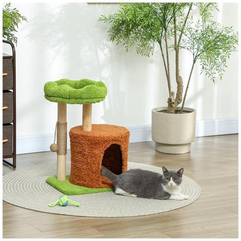 Albero Tiragraffi per Gatti con Casetta, Lettino e Pallina Giocattolo, in Legno e Peluche, 44x33x61 cm, Verde - Foto 2