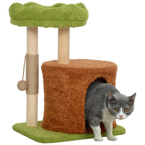 Albero Tiragraffi per Gatti con Casetta, Lettino e Pallina Giocattolo, in Legno e Peluche, 44x33x61 cm, Verde - Foto 1