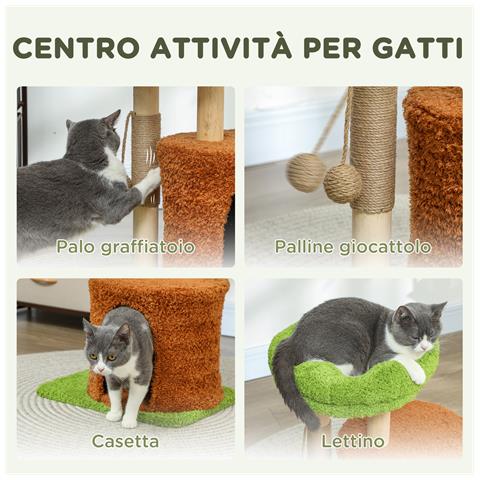 Albero Tiragraffi per Gatti con Casetta, Lettino e Pallina Giocattolo, in Legno e Peluche, 44x33x61 cm, Verde - Foto 6