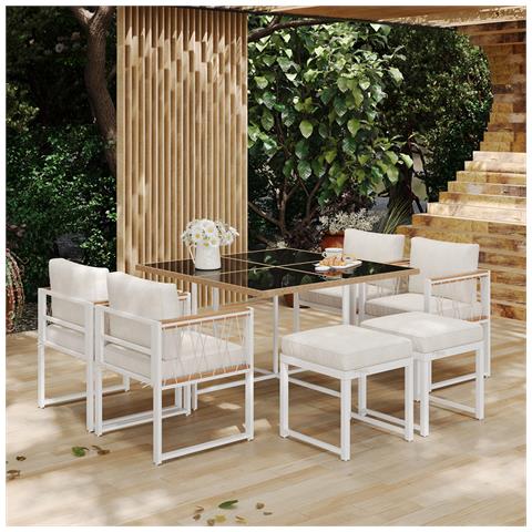 Set Di Tavoli Da Pranzo E Sedie Da Pranzo All'aperto Da 7 Pezzi, Tavolo In Vetro Temperato Con Rivestimento In Rattan Pe, Piano Corrimano In Legno Di Acacia - Foto 2