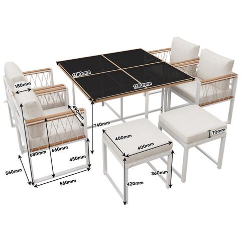 Set Di Tavoli Da Pranzo E Sedie Da Pranzo All'aperto Da 7 Pezzi, Tavolo In Vetro Temperato Con Rivestimento In Rattan Pe, Piano Corrimano In Legno Di Acacia - Foto 4