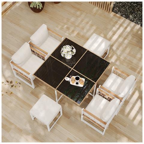 Set Di Tavoli Da Pranzo E Sedie Da Pranzo All'aperto Da 7 Pezzi, Tavolo In Vetro Temperato Con Rivestimento In Rattan Pe, Piano Corrimano In Legno Di Acacia - Foto 1